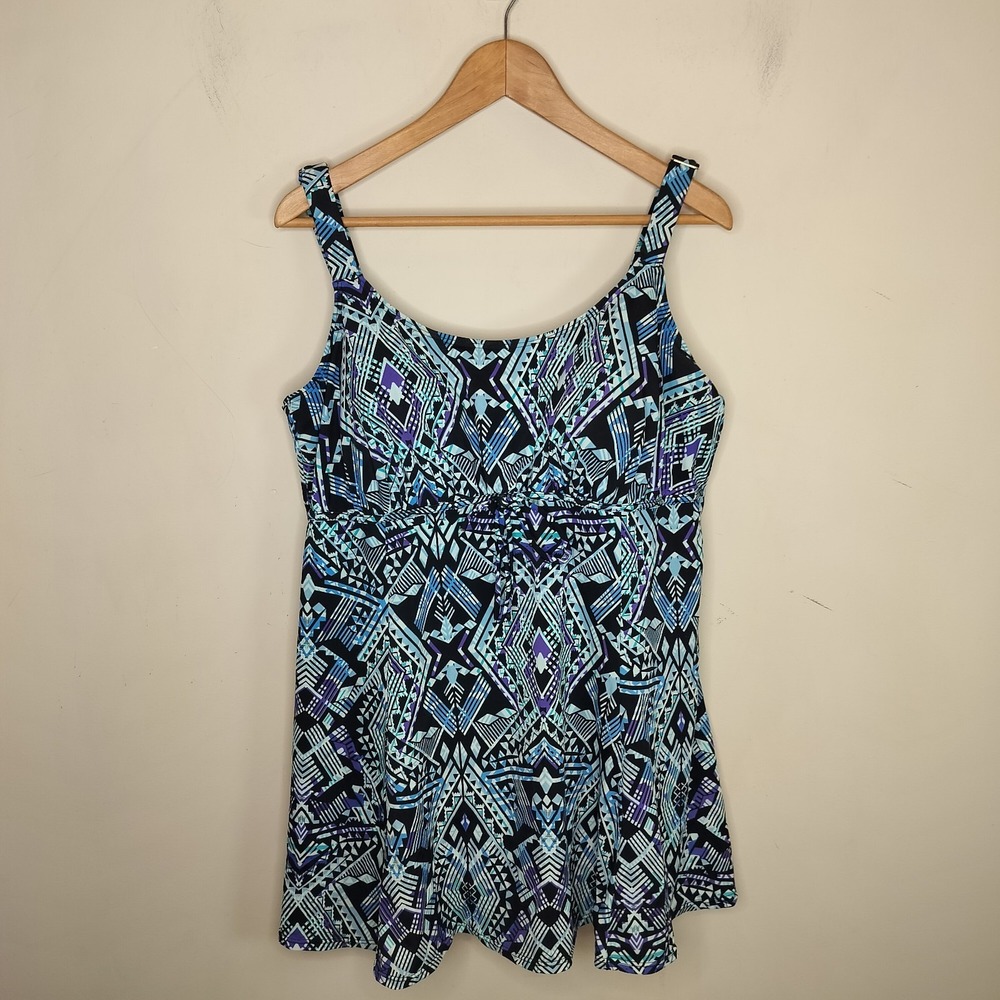 A Shore Fit Swim Dress Geometric Blue Purple Black Soft Cup